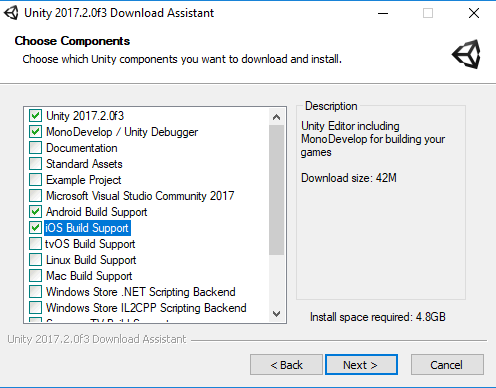 Components dialog box for Unity 2017.2. Check the Android Build Support option. Check the iOS Build Support option if you working on a Mac.