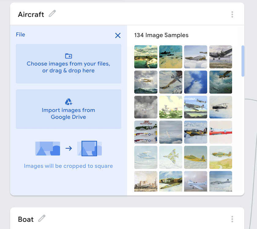 An image showcasing the Google Teachable Machine interface. On the left, there is an option to upload files and on the right are all the images of aircraft currently being loaded. The label has been changed to aircraft.