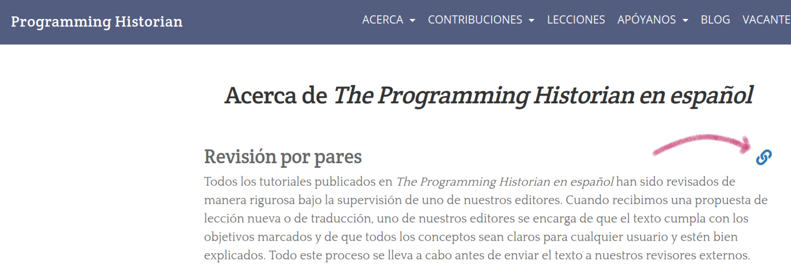 Captura de pantalla de la página 'Acerca de' del sitio de Programming Historian. En ella se muestra que a la derecha de los subtítulos aparece un ícono que representa un enlace